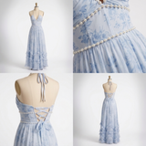 Carlena | Elegancka Kwiatowa Sukienka Maxi Halter z Perłami i Rozcięciem
