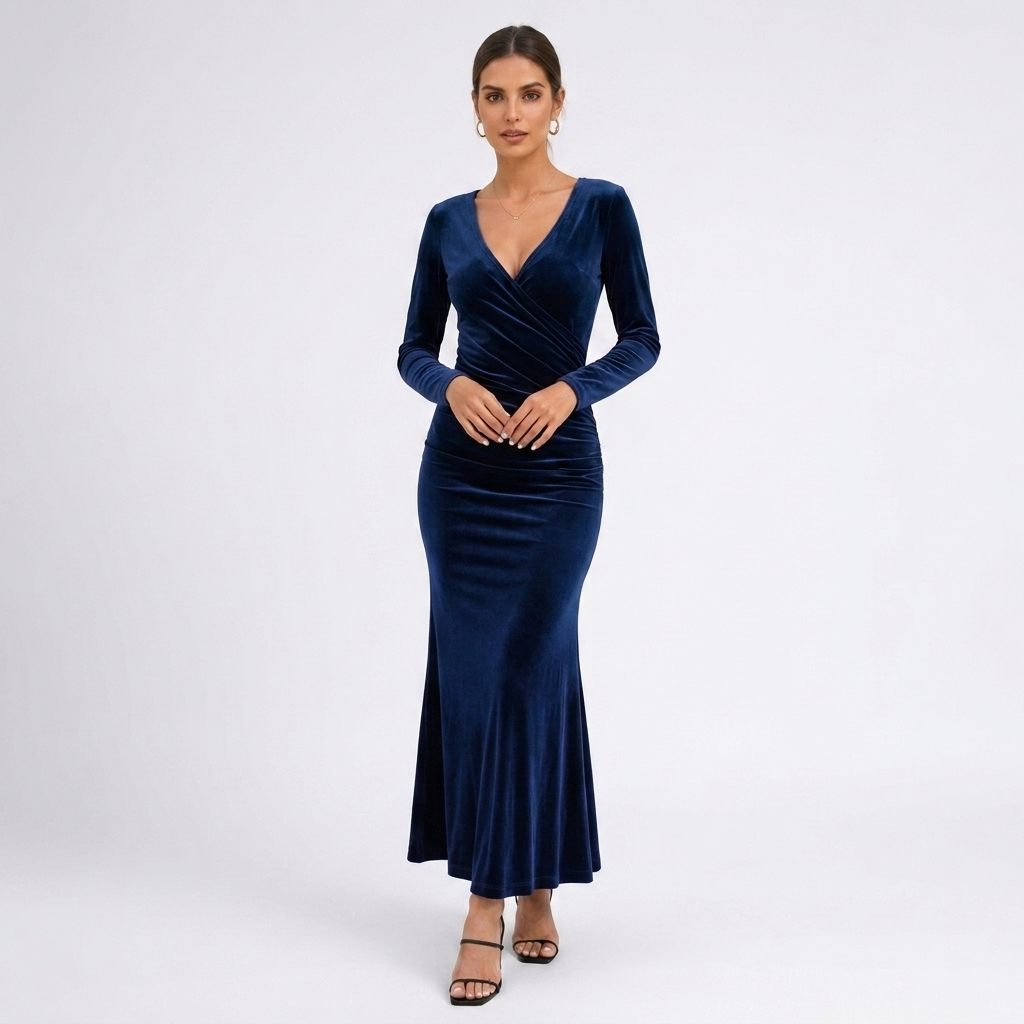 Carlena | Elegancka Aksamitna Sukienka Maxi z Dekoltem V i Marszczeniem