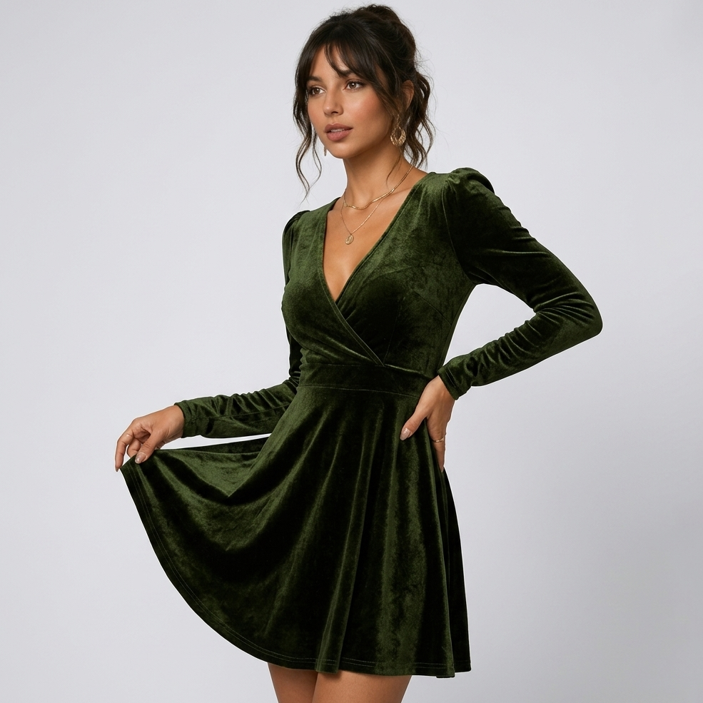 Carlena | Elegancka Aksamitna Sukienka Mini Kopertowa z Dekoltem V