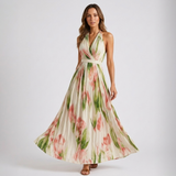 Carlena | Elegancka Sukienka Maxi w Kwiaty z Dekoltem Halter