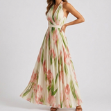 Carlena | Elegancka Sukienka Maxi w Kwiaty z Dekoltem Halter