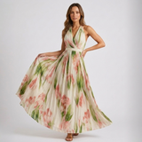 Carlena | Elegancka Sukienka Maxi w Kwiaty z Dekoltem Halter