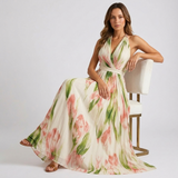 Carlena | Elegancka Sukienka Maxi w Kwiaty z Dekoltem Halter