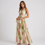 Carlena | Elegancka Sukienka Maxi w Kwiaty z Dekoltem Halter