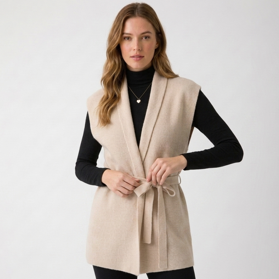 Carlena | Elegancka Kamizelka Damska z Paskiem i Dekoltem V