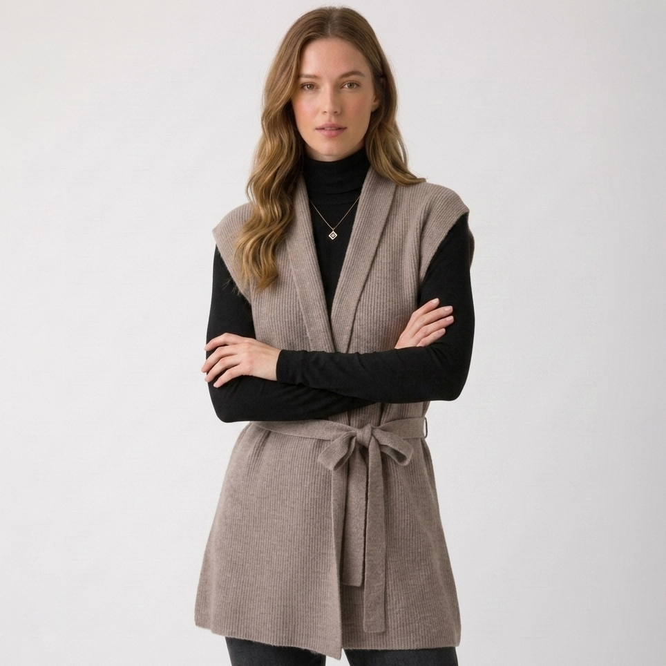 Carlena | Elegancka Kamizelka Damska z Paskiem i Dekoltem V