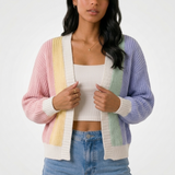 Carlena | Krótki Kardigan Damski Color Block z Bufiastymi Rękawami