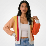 Carlena | Krótki Kardigan Damski Color Block z Bufiastymi Rękawami