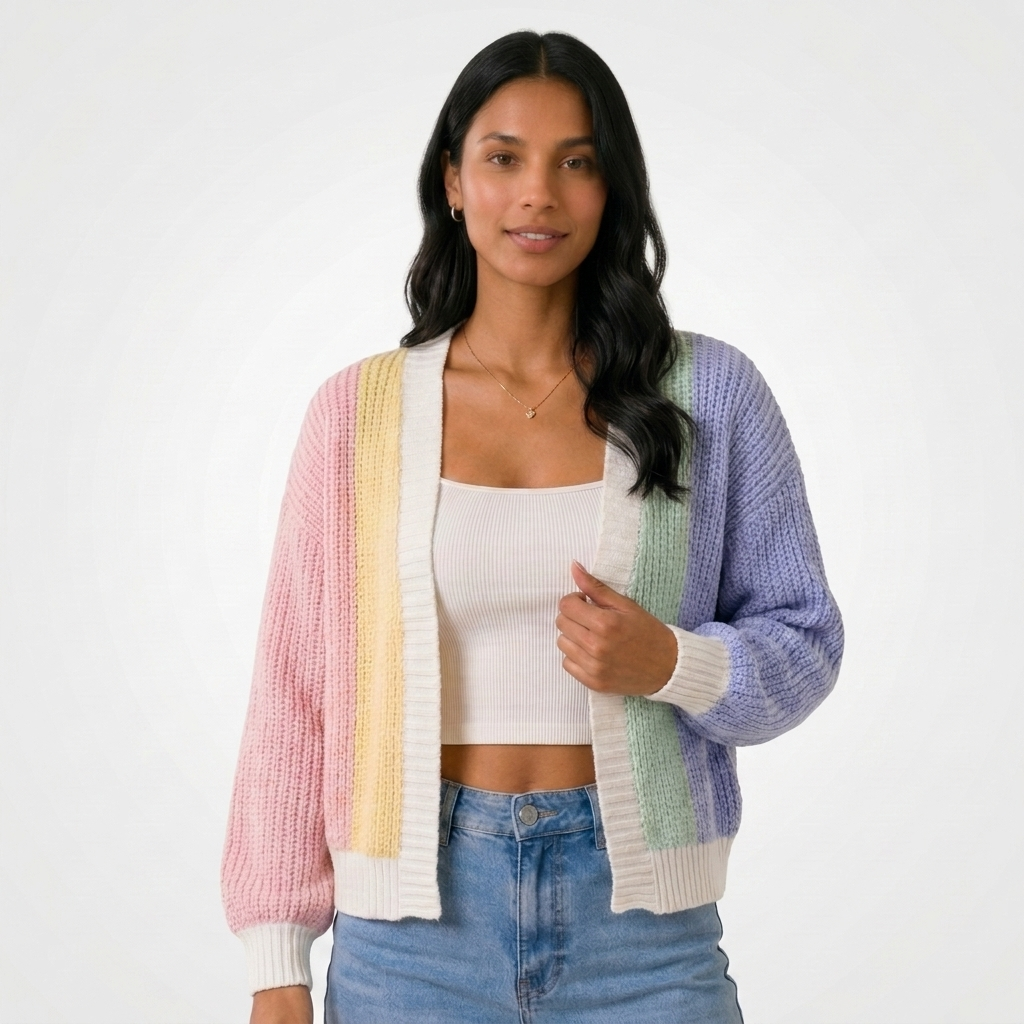 Carlena | Krótki Kardigan Damski Color Block z Bufiastymi Rękawami