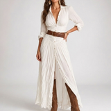 Carlena | Sukienka Maxi w Stylu Western z Guzikami i Rozcięciem