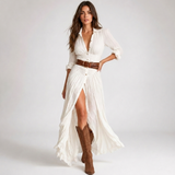 Carlena | Sukienka Maxi w Stylu Western z Guzikami i Rozcięciem