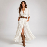 Carlena | Sukienka Maxi w Stylu Western z Guzikami i Rozcięciem