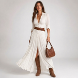Carlena | Sukienka Maxi w Stylu Western z Guzikami i Rozcięciem