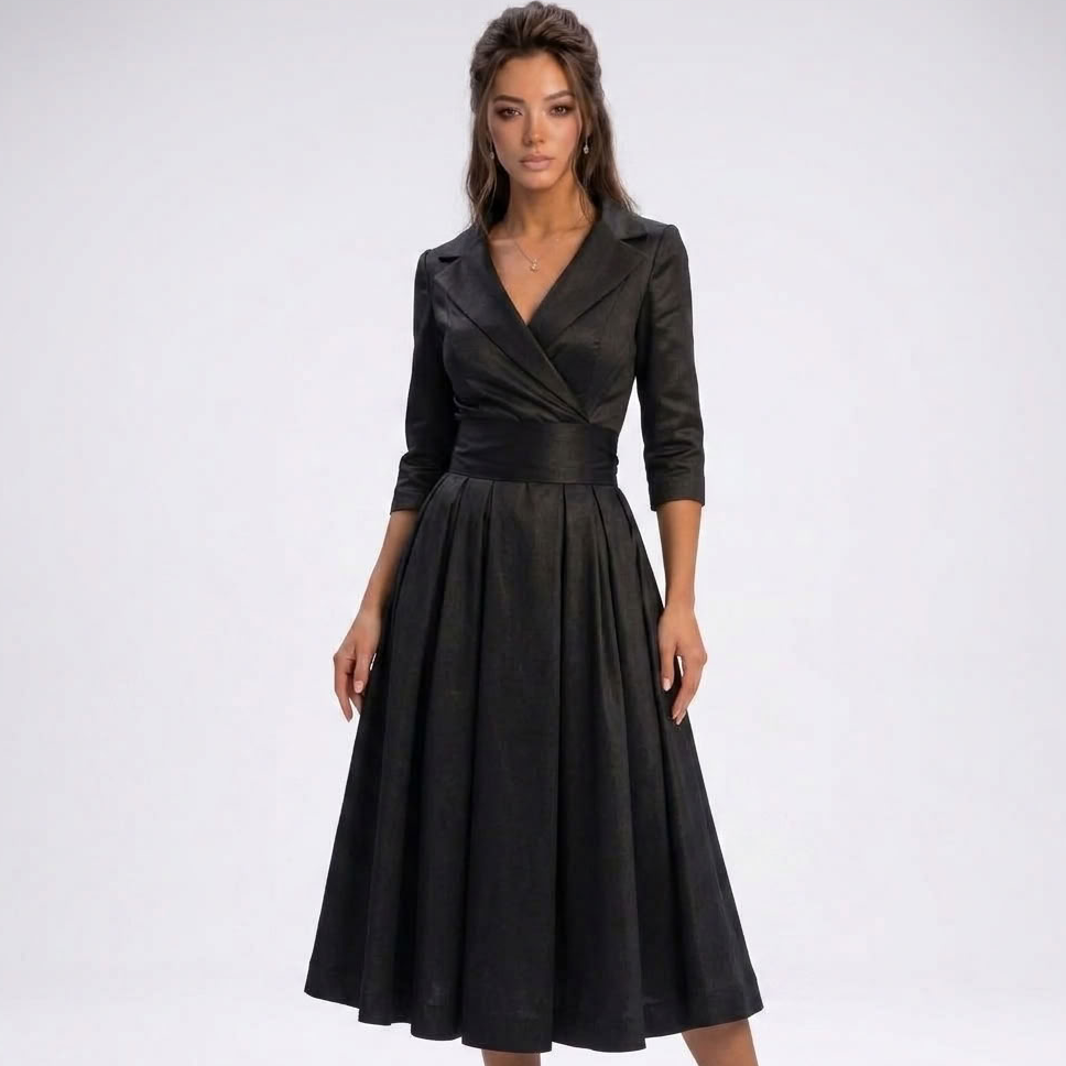 Carlena | Elegancka Sukienka Midi Kopertowa z Rozkloszowanym Dołem