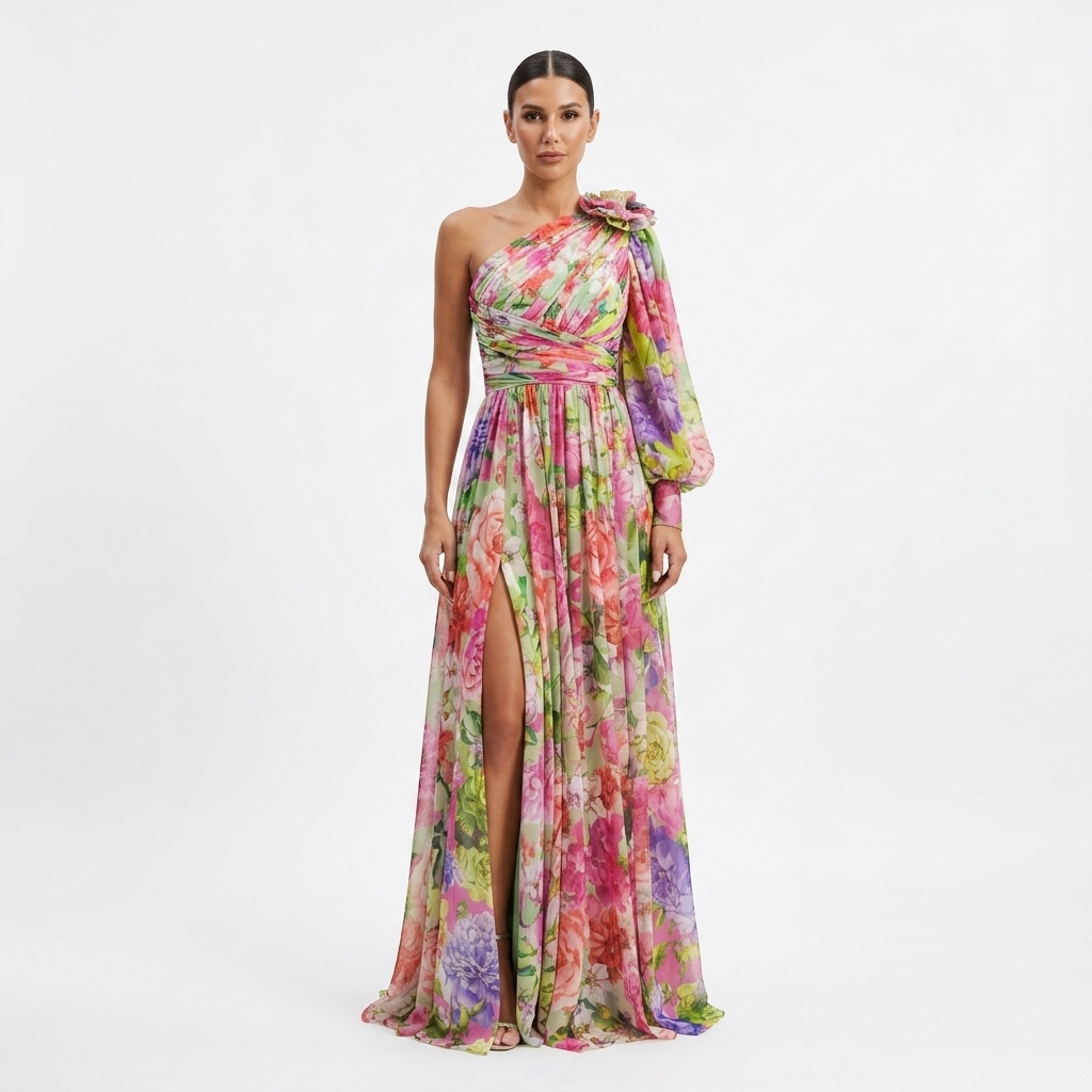 Carlena | Elegancka Sukienka Maxi na Wesele z Asymetrycznym Dekoltem i Rozcięciem