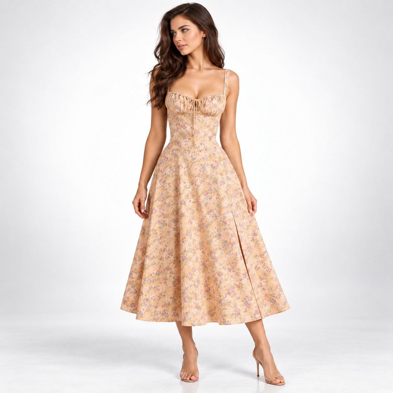 Carlena | Elegancka Sukienka Midi w Kwiaty z Gorsetowym Gorsetem i Dekoltem w Sercu
