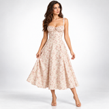 Carlena | Elegancka Sukienka Midi w Kwiaty z Gorsetowym Gorsetem i Dekoltem w Sercu