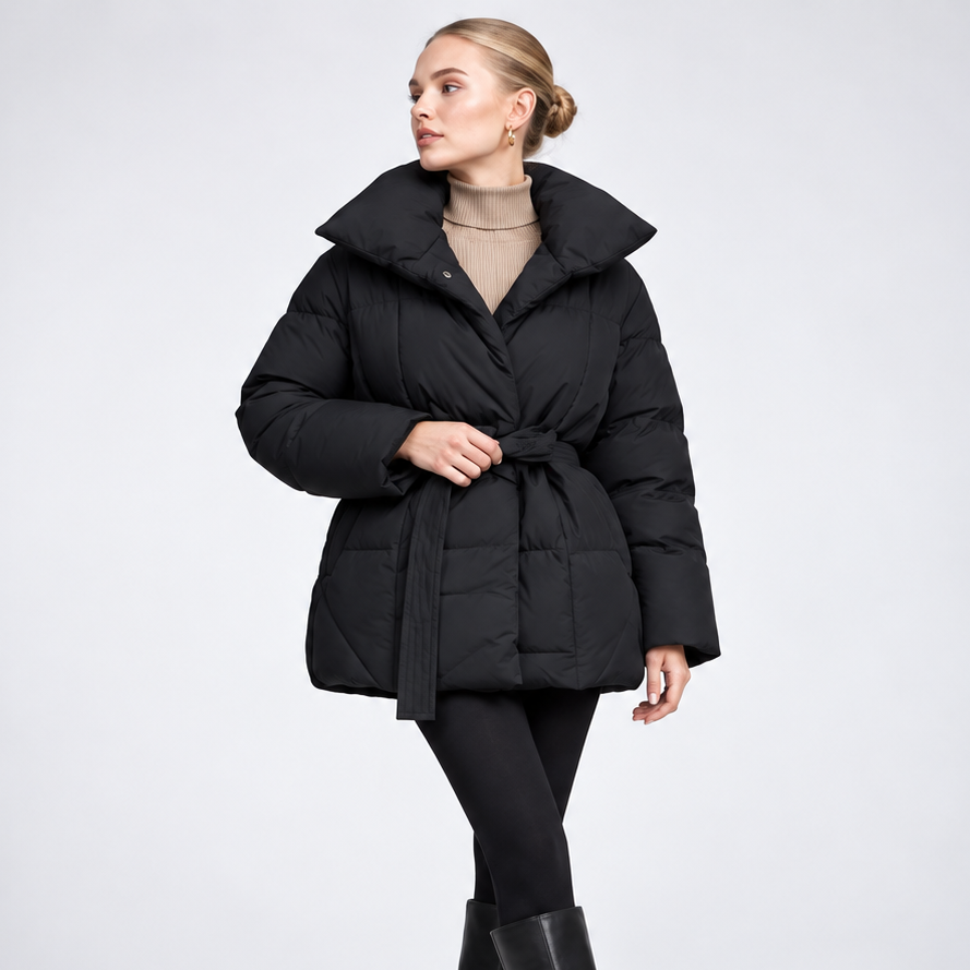 Carlena | Krótka Kurtka Puffer z Paskiem i Stójką