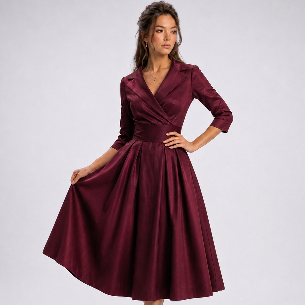 Carlena | Elegancka Sukienka Midi Kopertowa z Rozkloszowanym Dołem