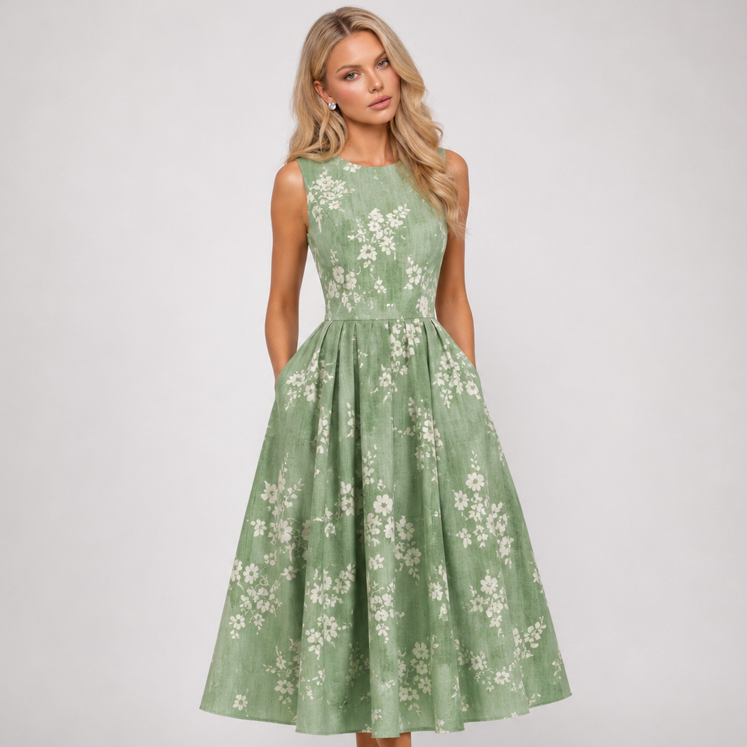 Carlena | Elegancka Sukienka Midi w Kwiaty z Rozkloszowanym Dołem