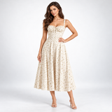 Carlena | Elegancka Sukienka Midi w Kwiaty z Gorsetowym Gorsetem i Dekoltem w Sercu