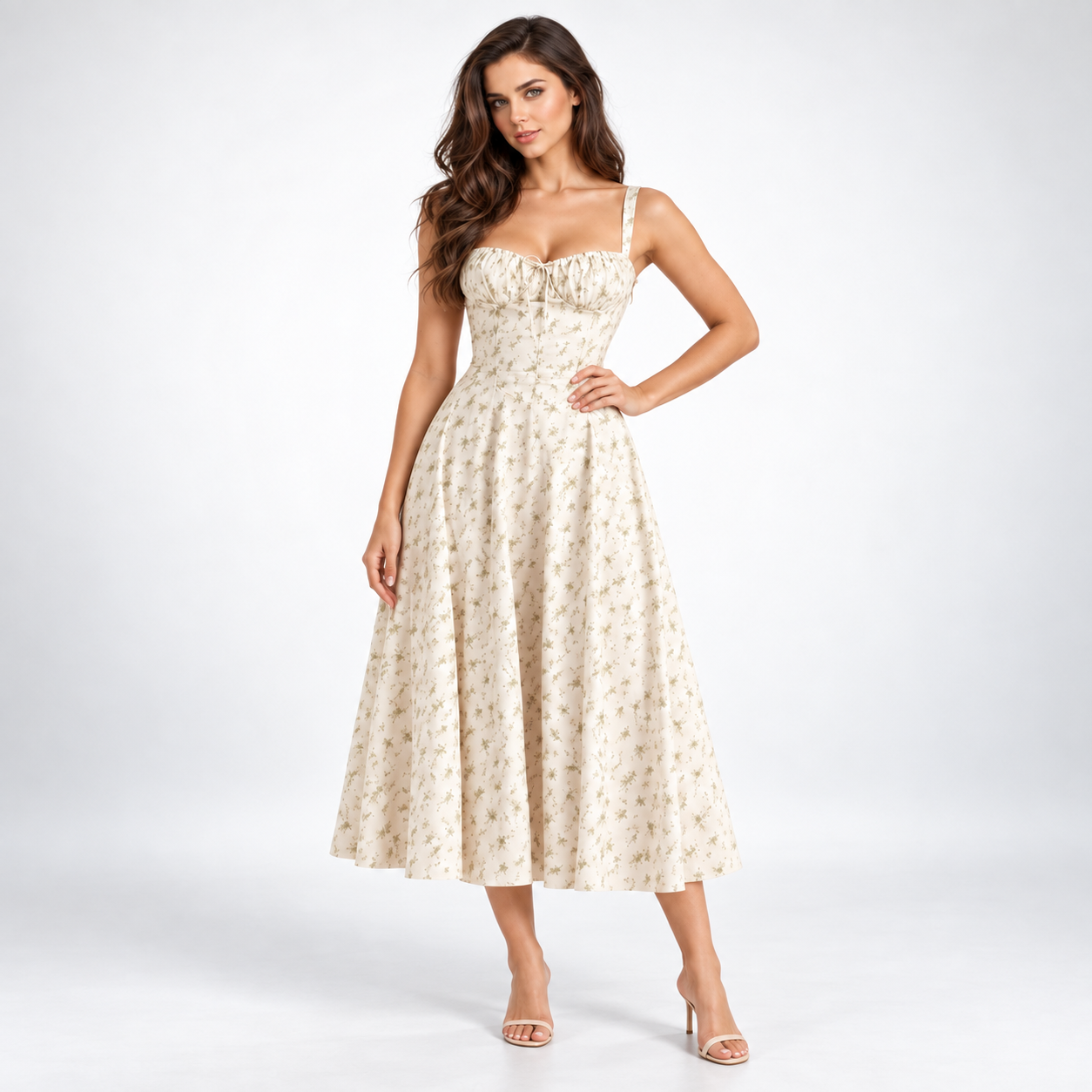 Carlena | Elegancka Sukienka Midi w Kwiaty z Gorsetowym Gorsetem i Dekoltem w Sercu