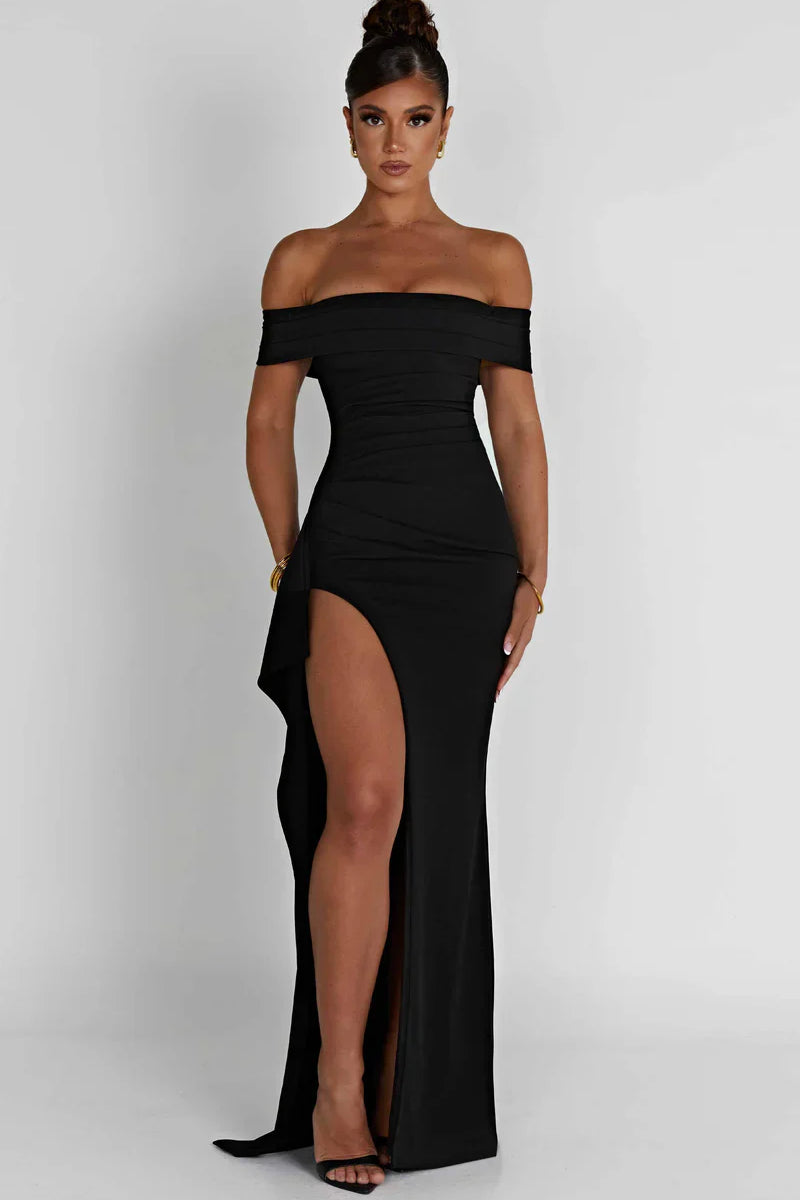 Carlena | Elegancka sukienka maxi z dekoltem Bardot