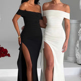 Carlena | Elegancka sukienka maxi z dekoltem Bardot