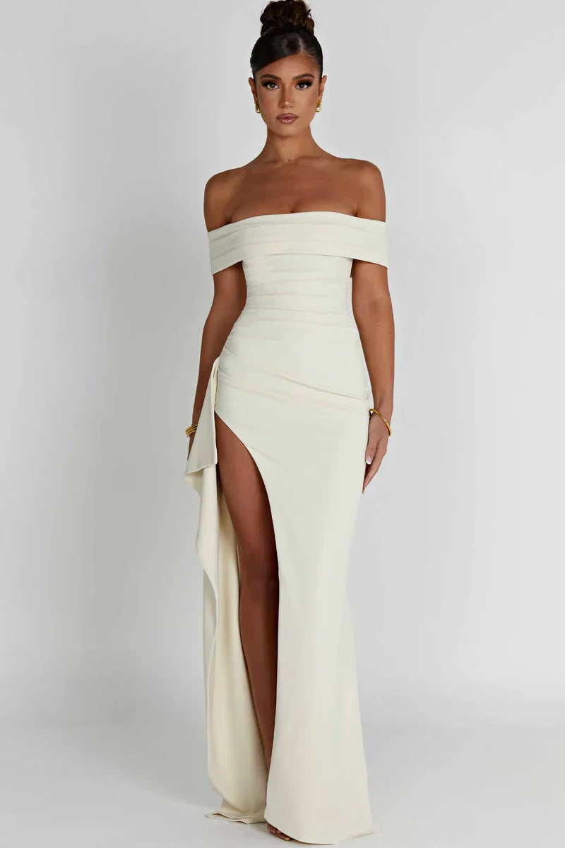 Carlena | Elegancka sukienka maxi z dekoltem Bardot