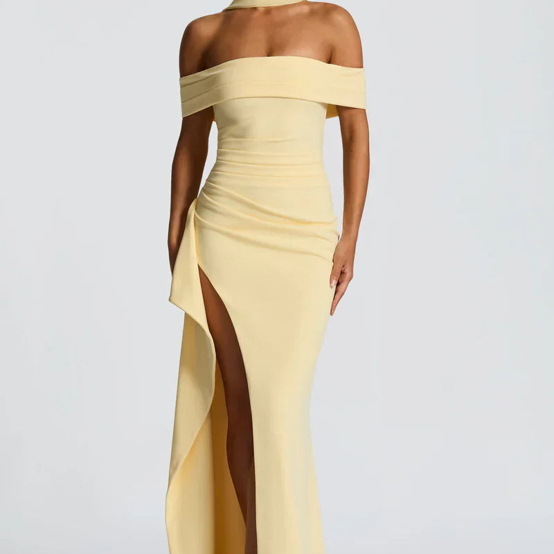 Carlena | Elegancka sukienka maxi z dekoltem Bardot