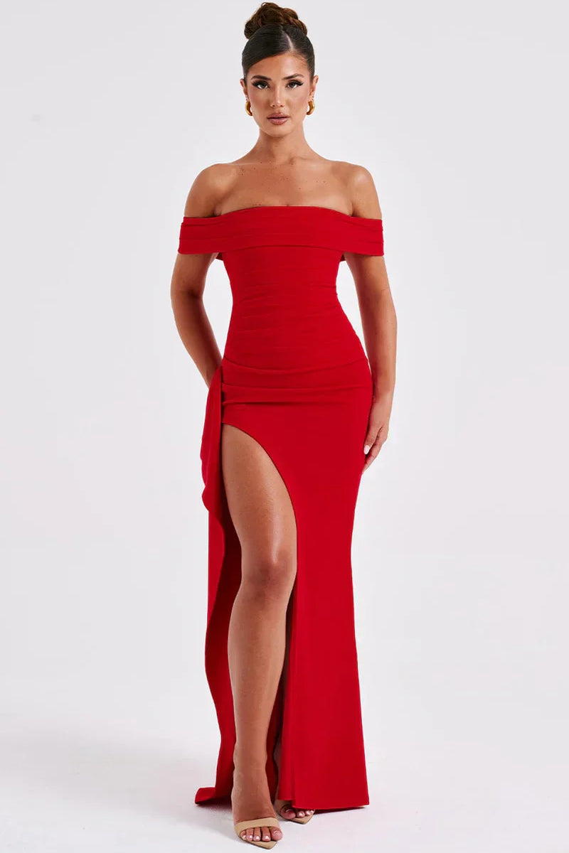 Carlena | Elegancka sukienka maxi z dekoltem Bardot