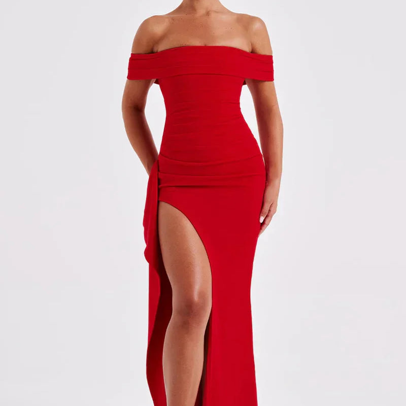 Carlena | Elegancka sukienka maxi z dekoltem Bardot