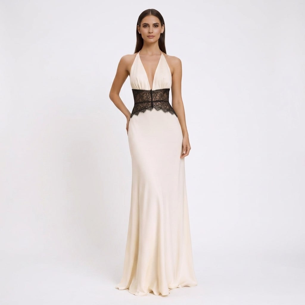 Carlena | Elegancka Sukienka Maxi Halter z Koronkową Talią