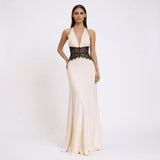 Carlena | Elegancka Sukienka Maxi Halter z Koronkową Talią