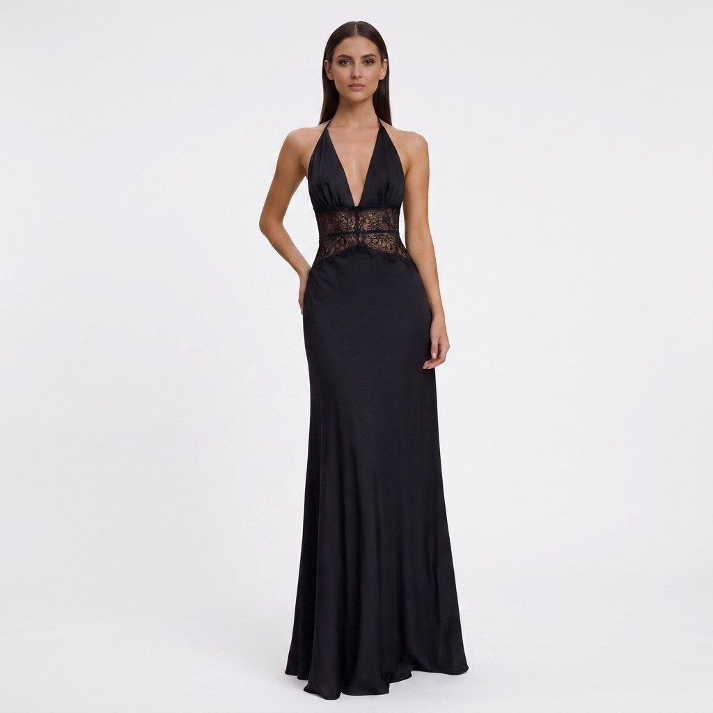 Carlena | Elegancka Sukienka Maxi Halter z Koronkową Talią