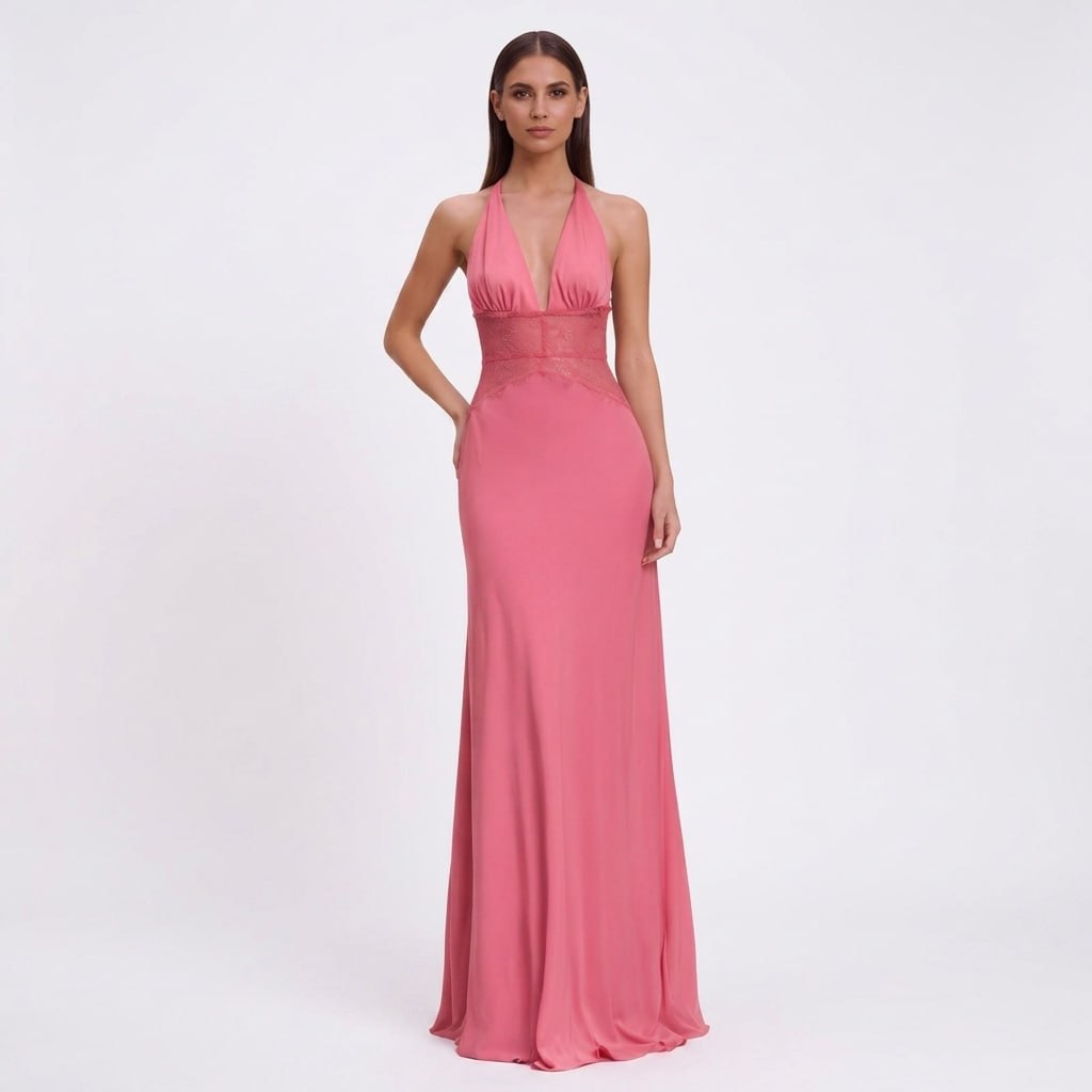 Carlena | Elegancka Sukienka Maxi Halter z Koronkową Talią