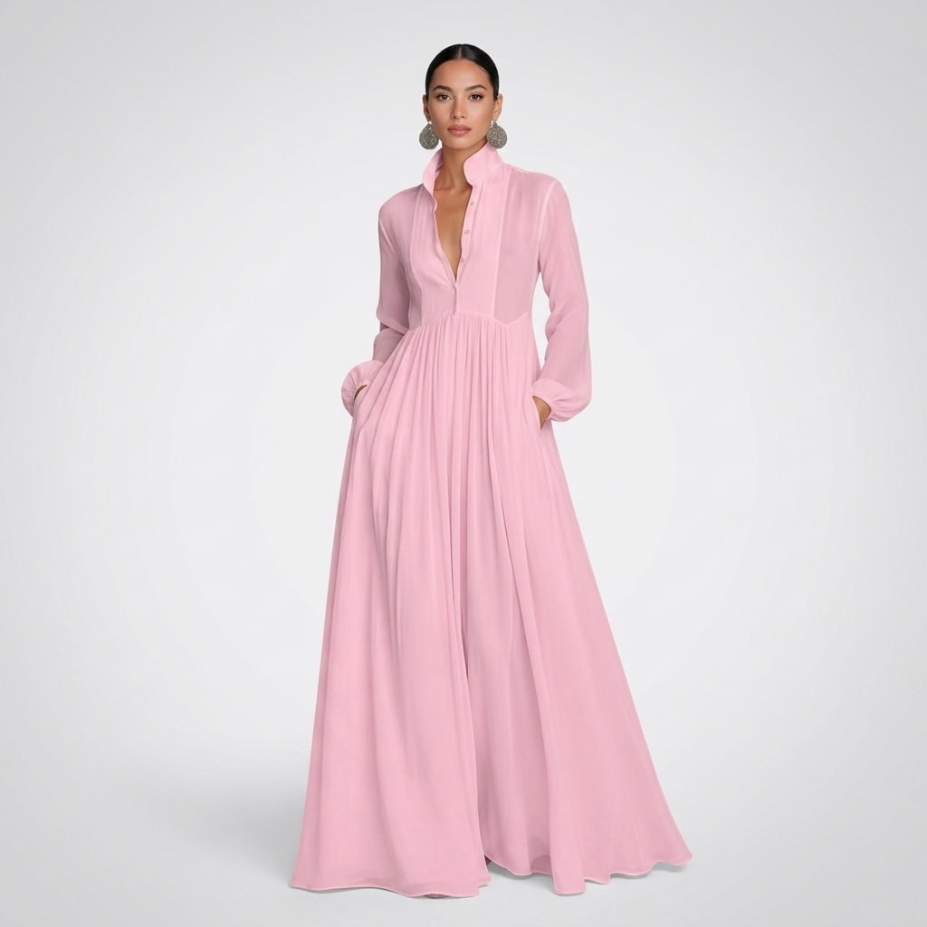 Carlena | Elegancka Sukienka Maxi z Guzikami i Kieszeniami