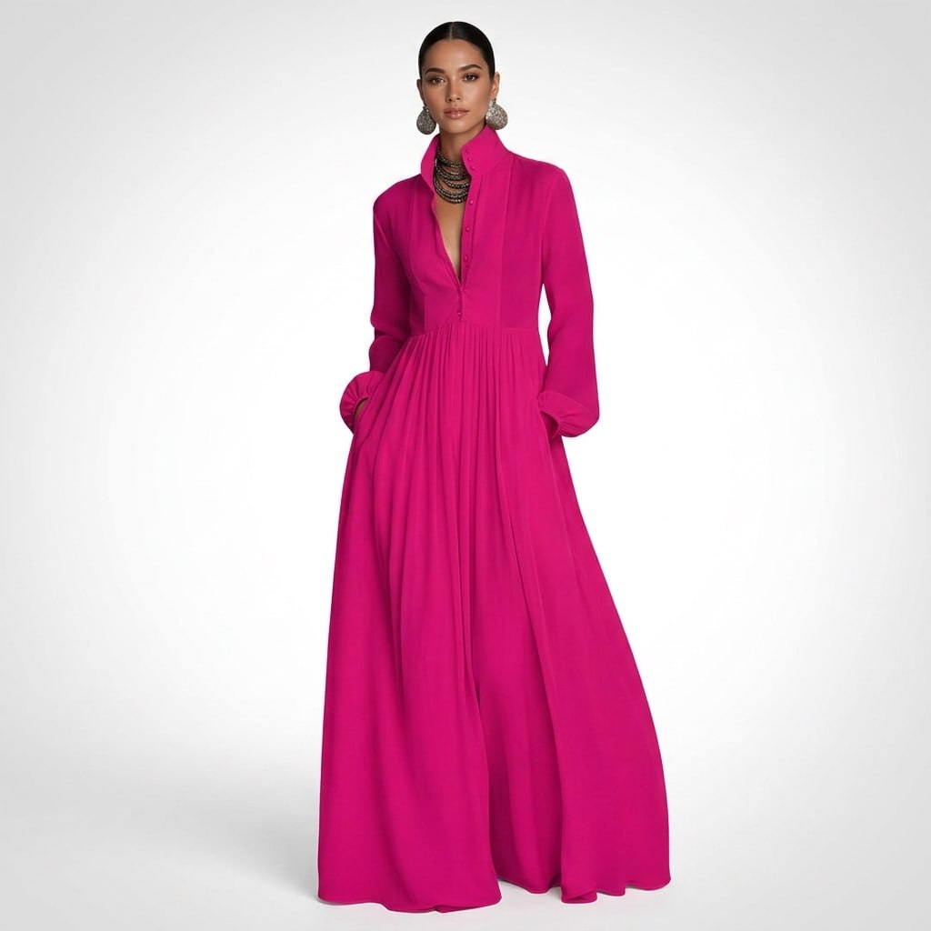 Carlena | Elegancka Sukienka Maxi z Guzikami i Kieszeniami