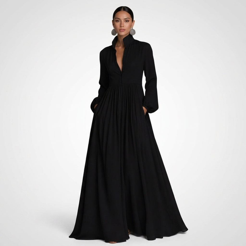 Carlena | Elegancka Sukienka Maxi z Guzikami i Kieszeniami