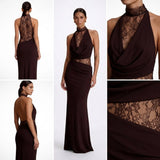 Carlena | Elegancka Sukienka Maxi z Koronkowym Panelem Halter