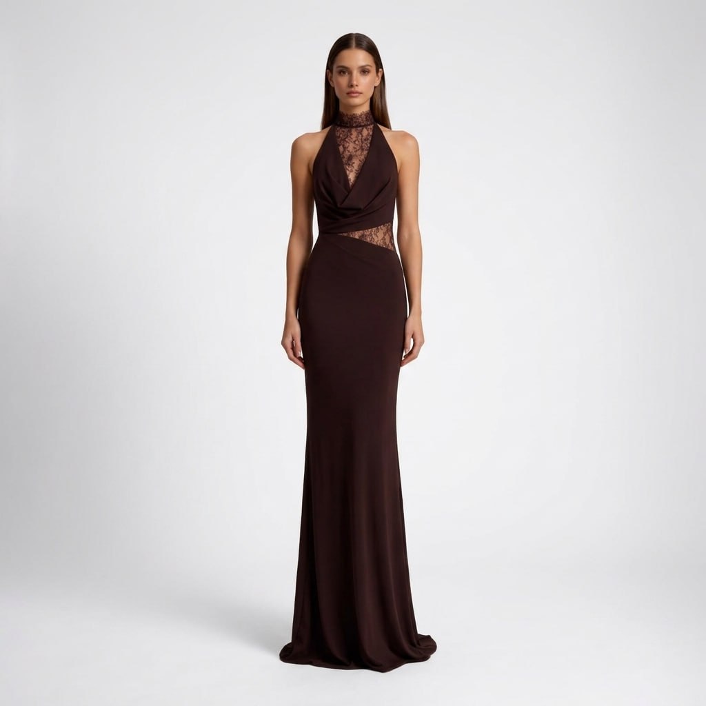 Carlena | Elegancka Sukienka Maxi z Koronkowym Panelem Halter