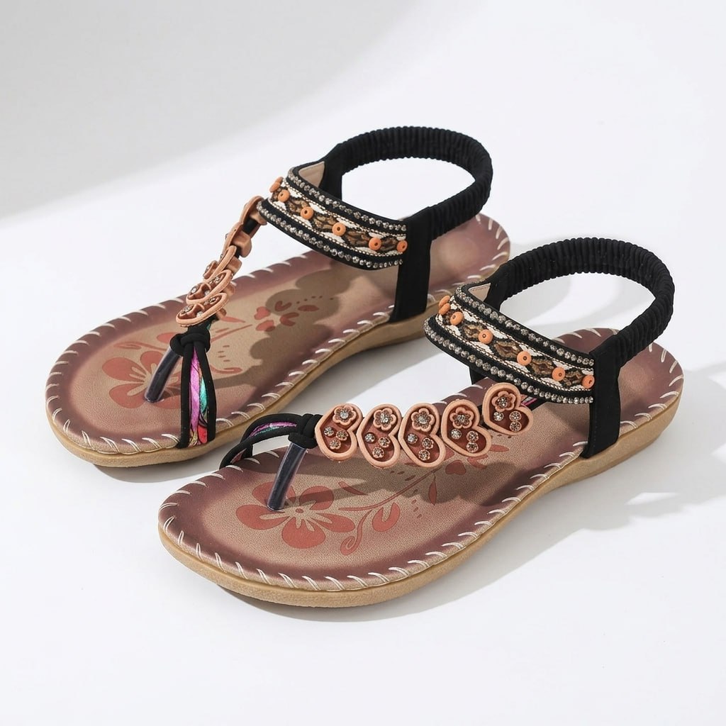 Carlena | Damskie Sandały Boho z Koralikami i Kwiatową Ozdobą