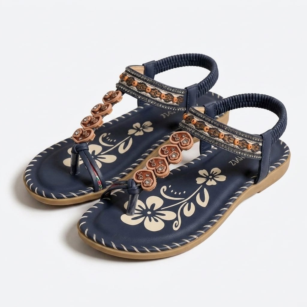 Carlena | Damskie Sandały Boho z Koralikami i Kwiatową Ozdobą