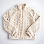 Pluszowy sweter oversize z warkoczem i zamkiem w kolorze kremowym – ułożony na płasko
