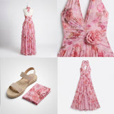 Carlena | Sukienka Maxi w Kwiatowy Print z Falbanami i Dekoltem Halter