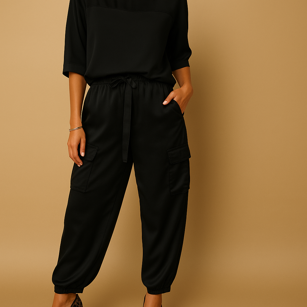 Carlena | Satynowy damski komplet dwuczęściowy z topem z krótkim rękawem | Malwina