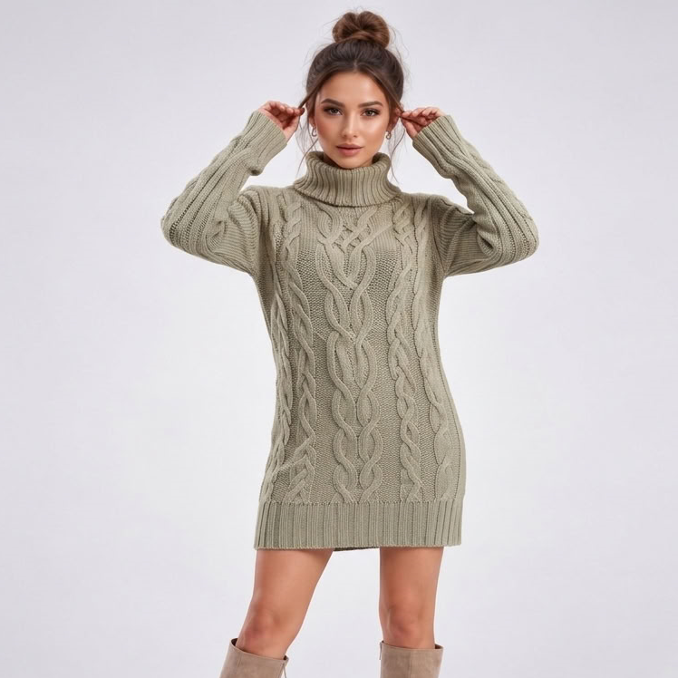 Dzianinowa sukienka mini z golfem w warkocze w kolorze khaki – widok z przodu