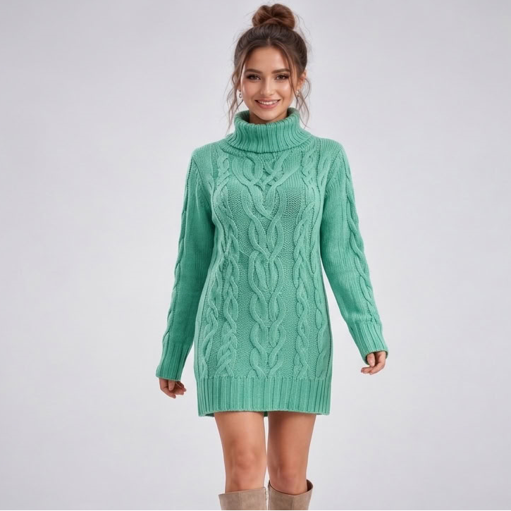 Dzianinowa sukienka mini z golfem w warkocze w kolorze zielonym – na modelce