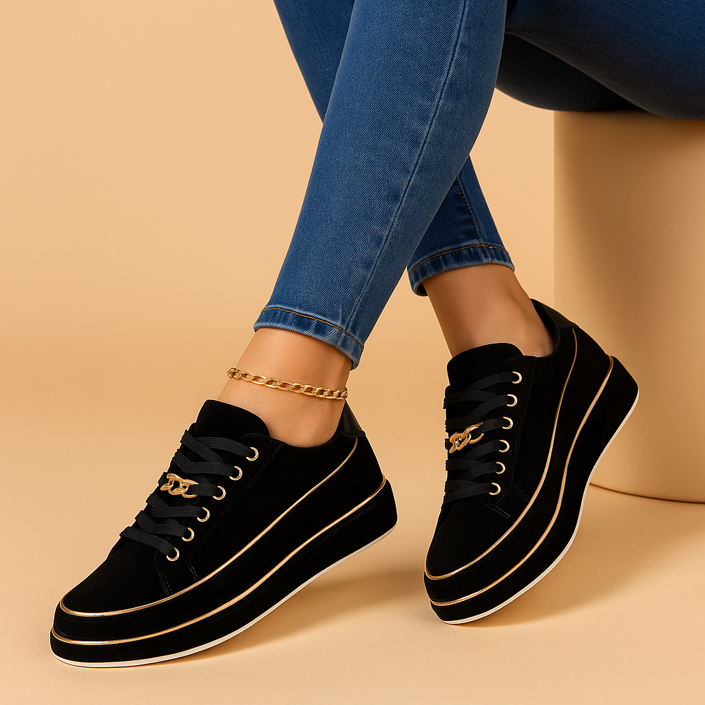Carlena | Białe sneakersy damskie ze złotym detalem | Paulina