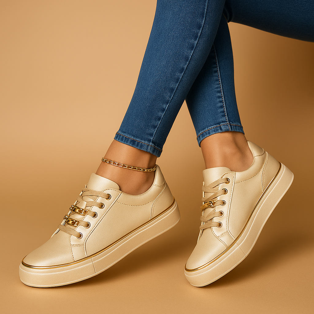 Carlena | Białe sneakersy damskie ze złotym detalem | Paulina